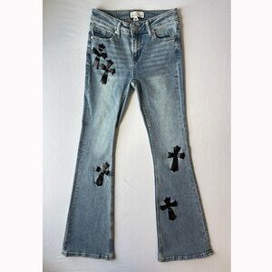 Austin Landing Cross Flare Jeans Womens Sz 3 Low Rise Dark Coquette Gothic Emo